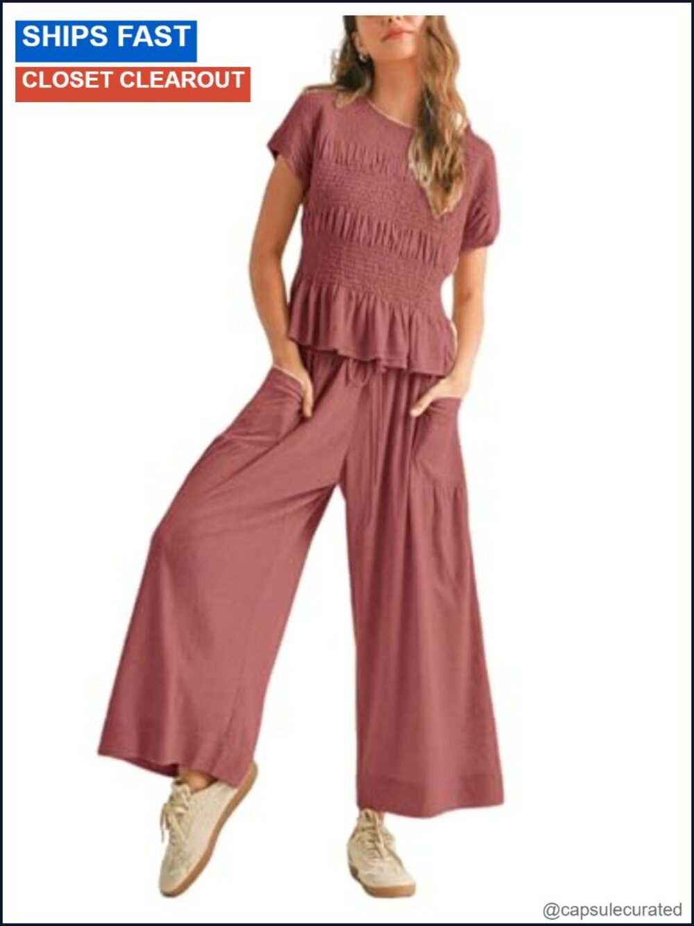 Smocked Top & Wide Leg Pants Lounge Set with Pockets